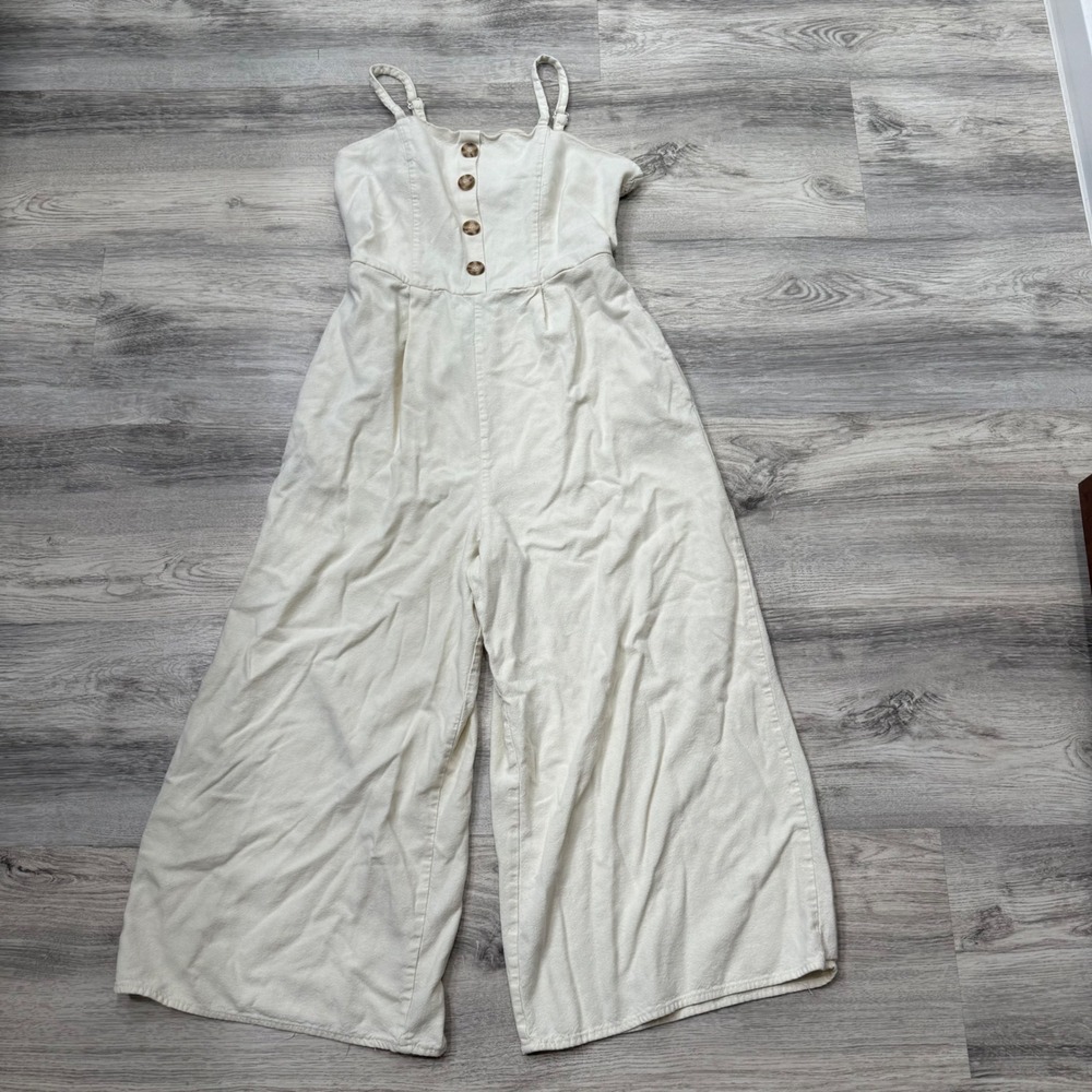 J GEE Cream Wide Leg Jumpsuit Sleeveless Button Front Smocked Back Small